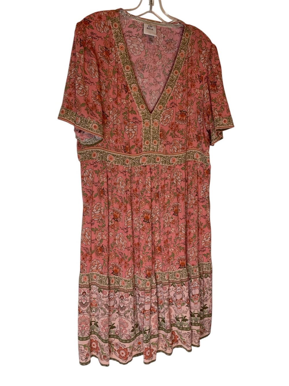 Knox Rose Boho Coral Floral Tiered Midi Dress V-Neck XL - Picture 2 of 7